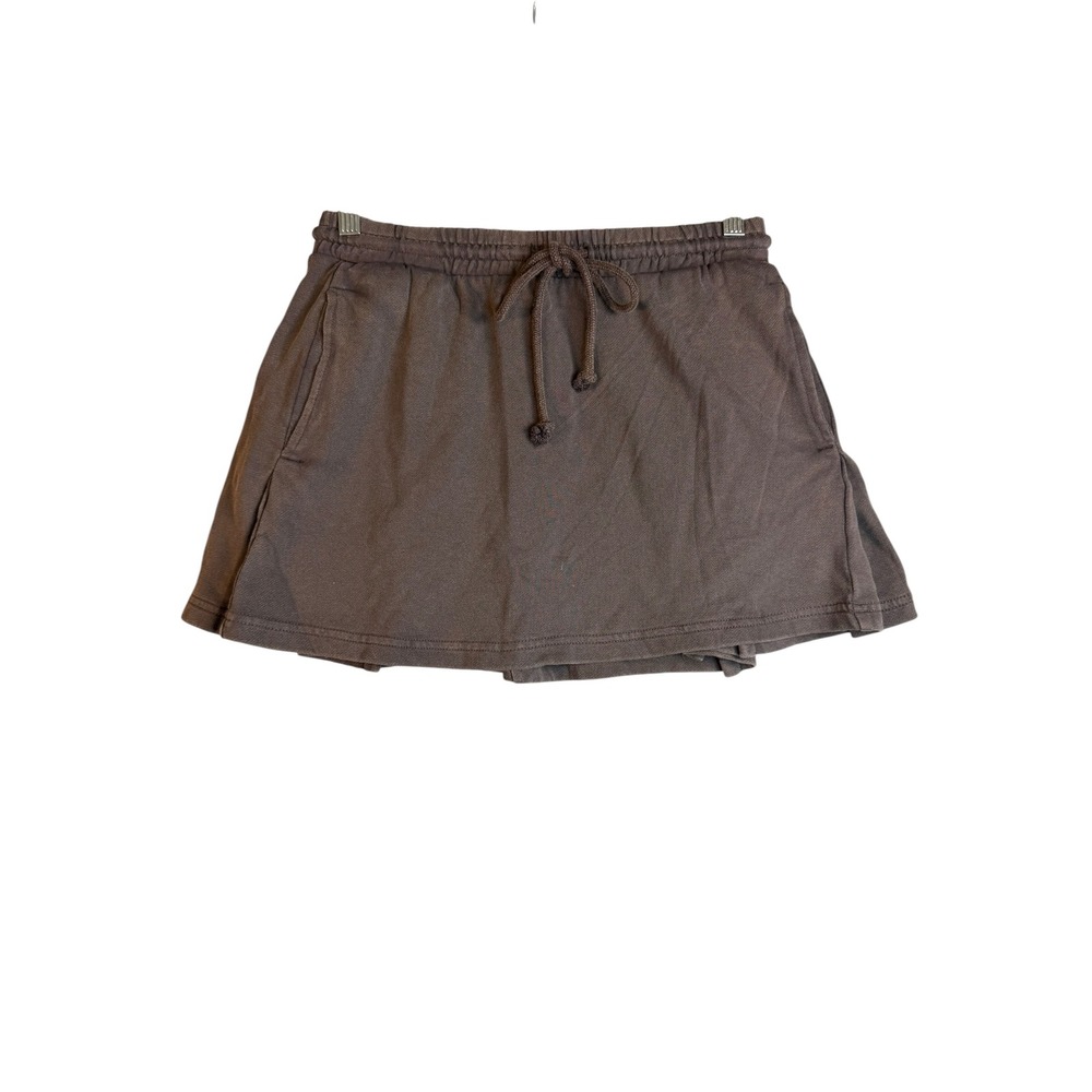 Zara Womens Brown Fleece Pleated Skort Mini Skirt Shorts Drawstring Size L